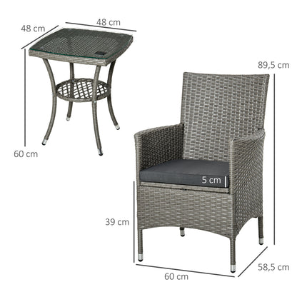 Rattan Tuinmeubelset – Bistroset – Balkonset – Tuinstoelen – Tuinmeubilair – Grijs – Poly Rattan & Stalen Frame – Glas Tafelblad met Kussens