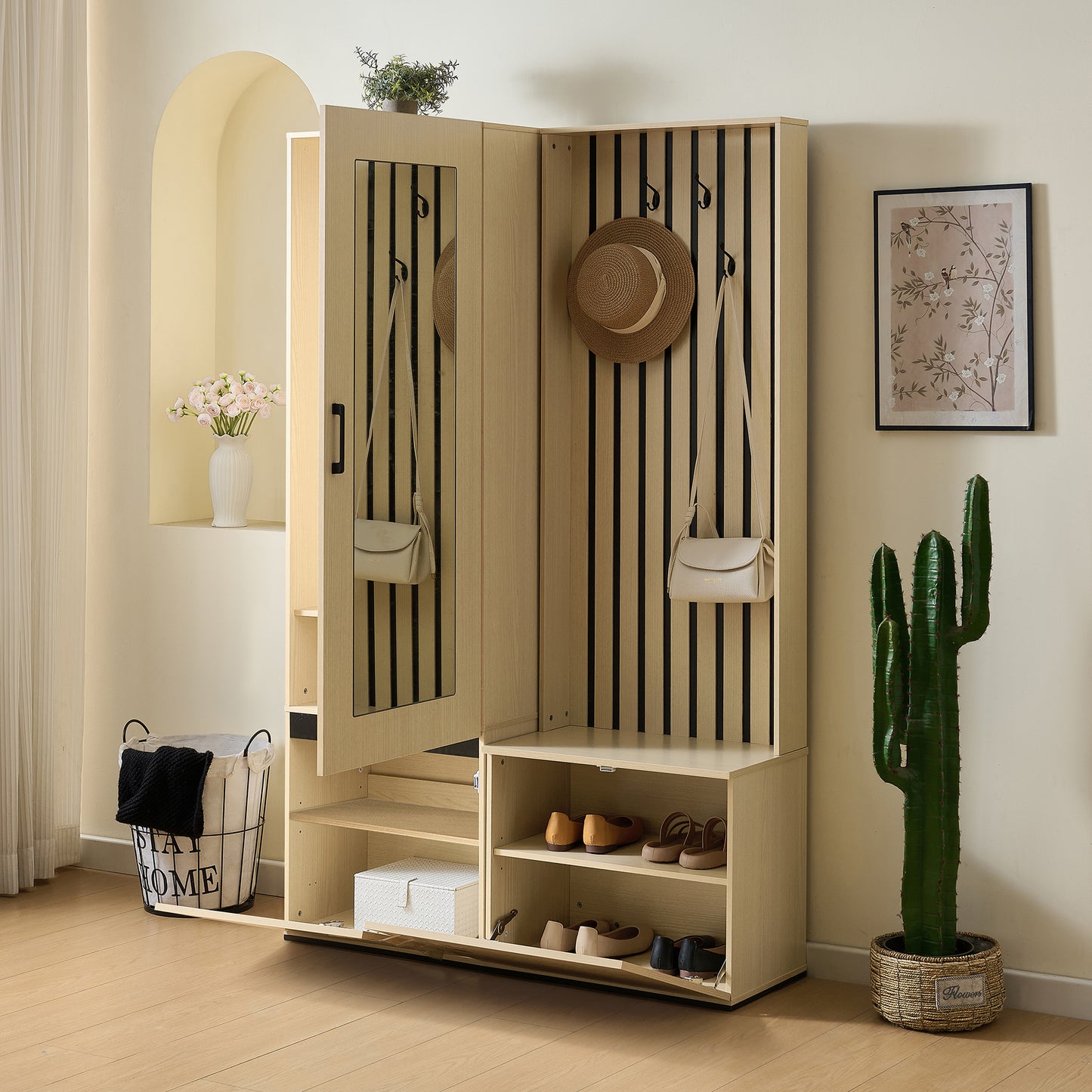 Garderobekast – Kledingkast – Kleerkast – Halmeubel – Opbergkast – Smal Design – Spiegeldeur en Uittrekbare Kledingstang – Bankje met Opbergruimte – MDF Houtlook