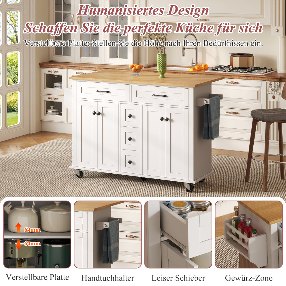 Multifunctional Kitchen Trolley with Foldable Worktop Extending to 120×65 cm | Features Five Drawers, Cupboards, Spice Rack, Towel Rail, Enclosed Storage, Metal Construction, Castors, Suitable for Kitchen Island in Kitchens,