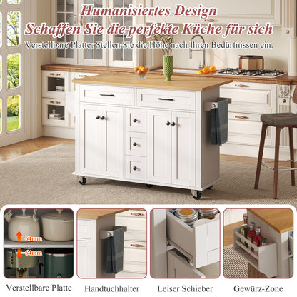 Multifunctional Kitchen Trolley with Foldable Worktop Extending to 120×65 cm | Features Five Drawers, Cupboards, Spice Rack, Towel Rail, Enclosed Storage, Metal Construction, Castors, Suitable for Kitchen Island in Kitchens,