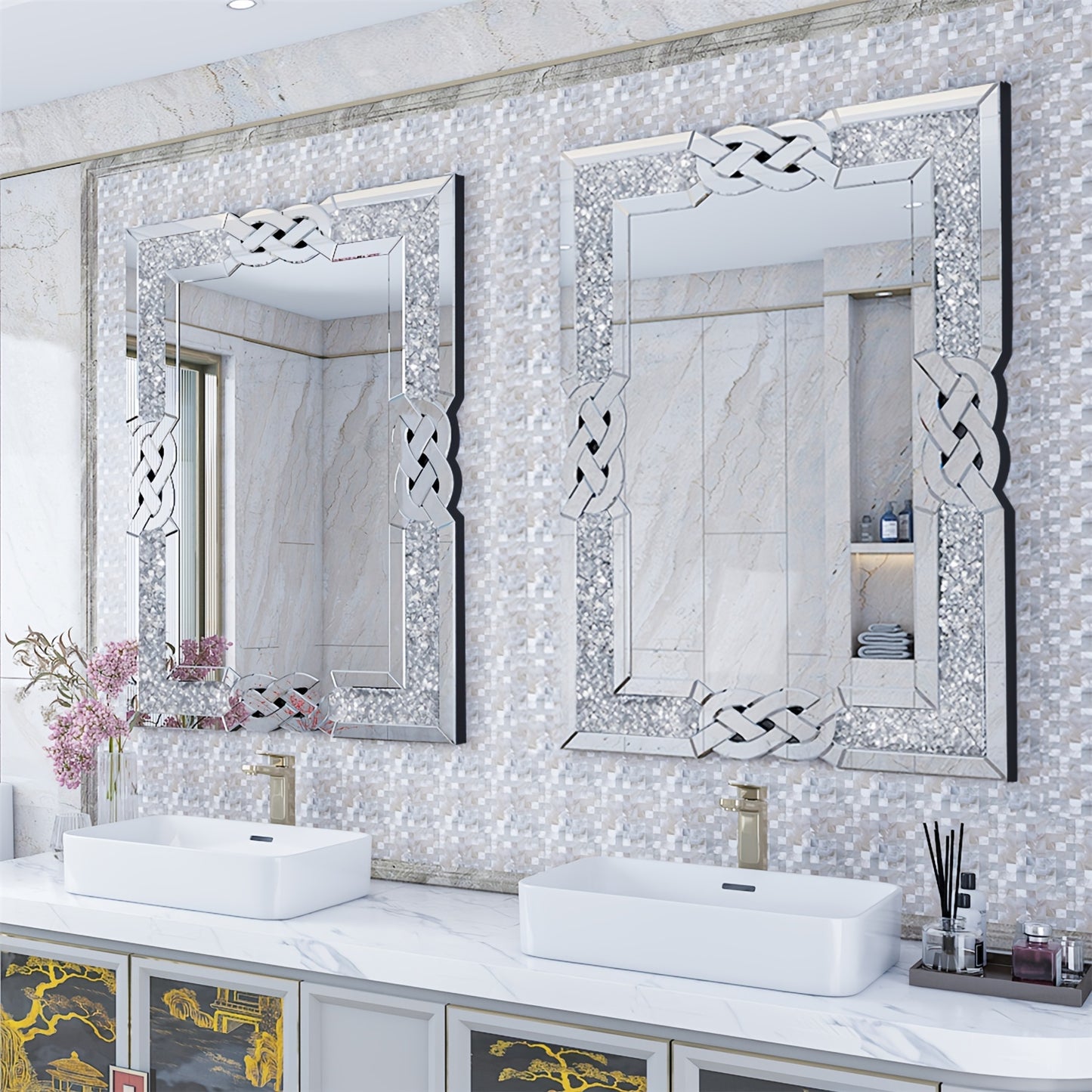 Wandspiegel – Spiegel – Muurspiegel – Deco Spiegel – Rechthoekige Spiegel – 90x60 cm – Zilverkleurig Diamant-Effect – 2,5 cm Dik Hoogwaardig Glas