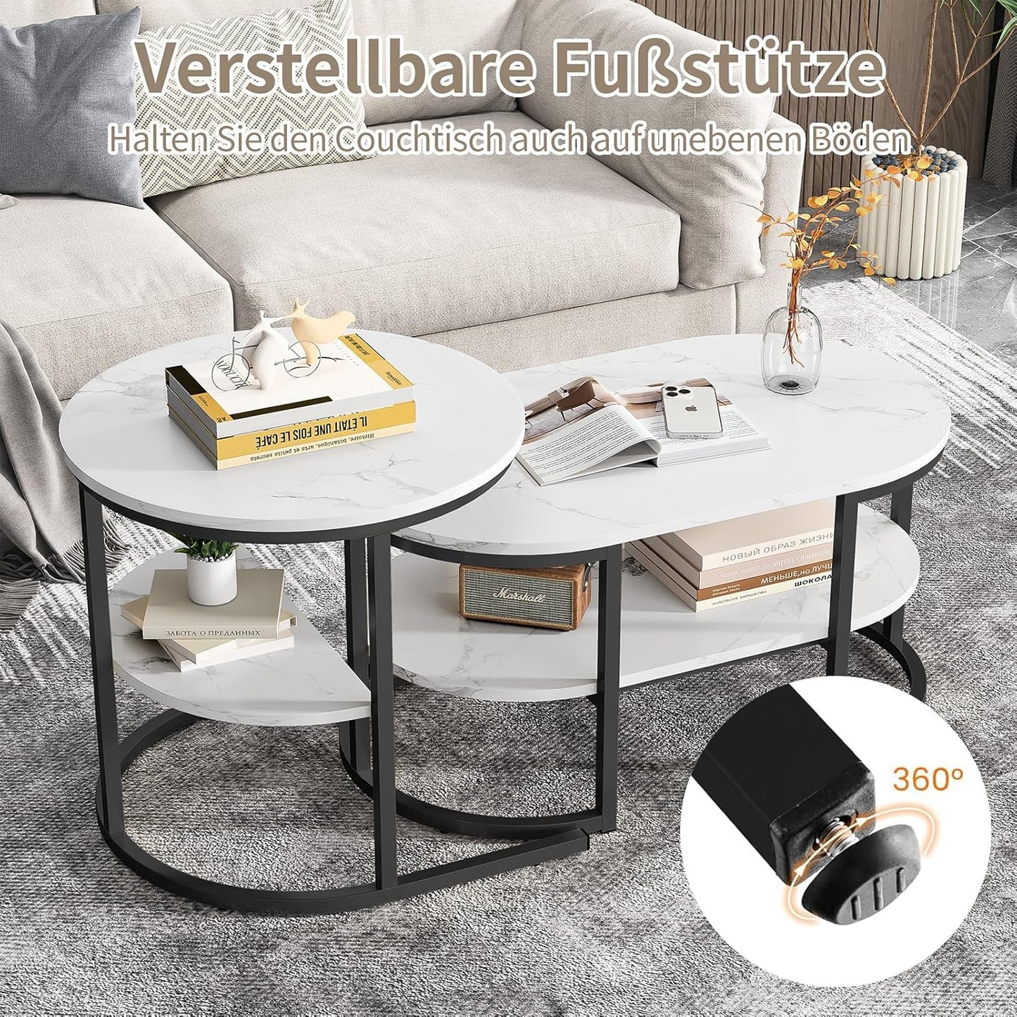 Salontafel – Woonkamertafel – Bijzettafel – Koffietafel – Set Van 2 Ronde En Ovale Tafels – Dubbele Opbergruimte – Stevig Metalen Frame