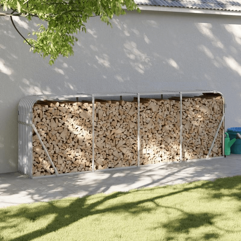 Houtopslag – Houthok – Houtrek – Brandhoutopslag – Houtstapelrek – Lichtgrijs Gegalvaniseerd Staal – Groot Formaat 300x45x100 cm – Weerbestendig & Ventilerend