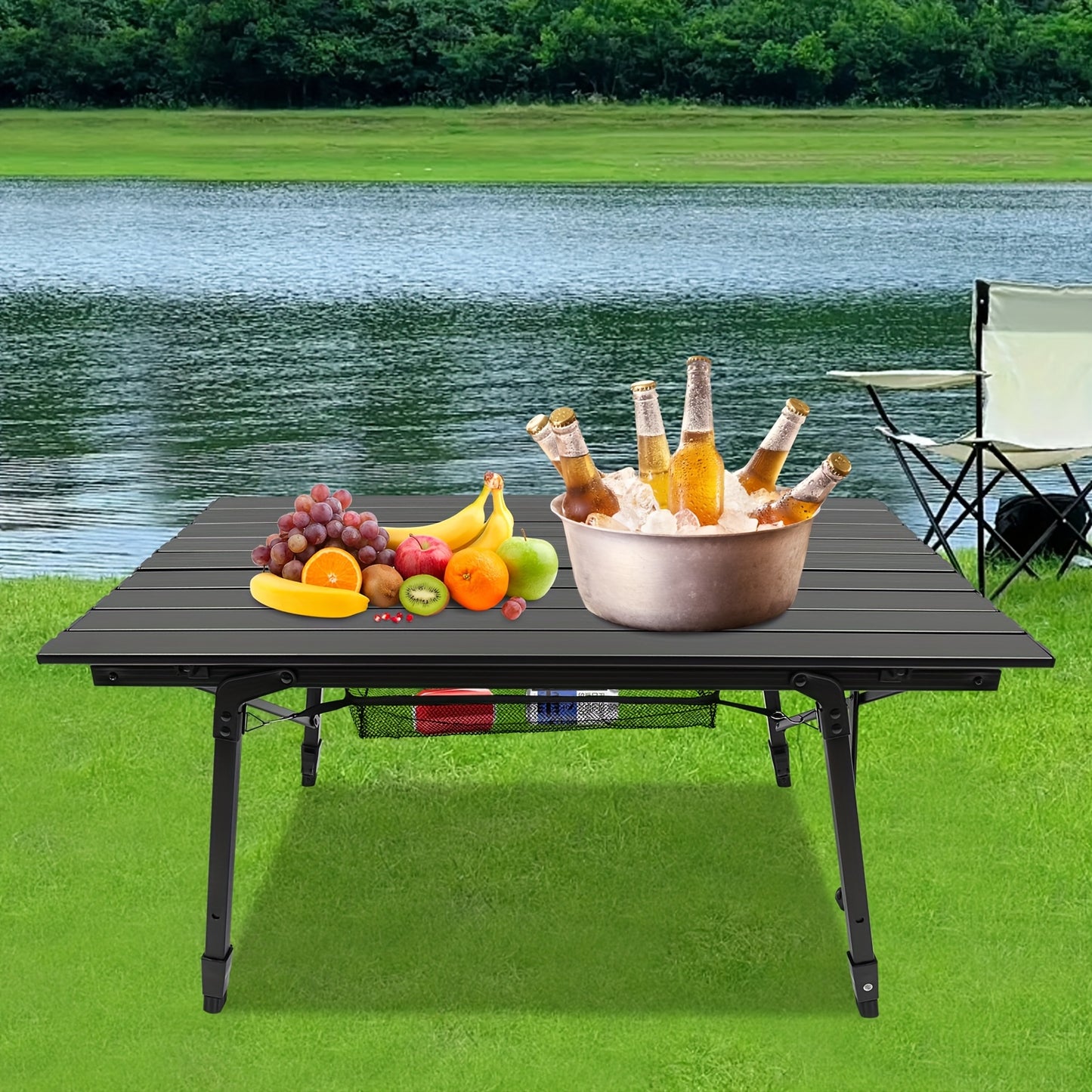 35.4*20*17.7 -25.6 Inch Folding Camping Table Aluminum Barbecue Table + Mesh Pocket For Camping, Fishing, Picnic, Barbecue, Party, Total Load Capacity 30.0 KG