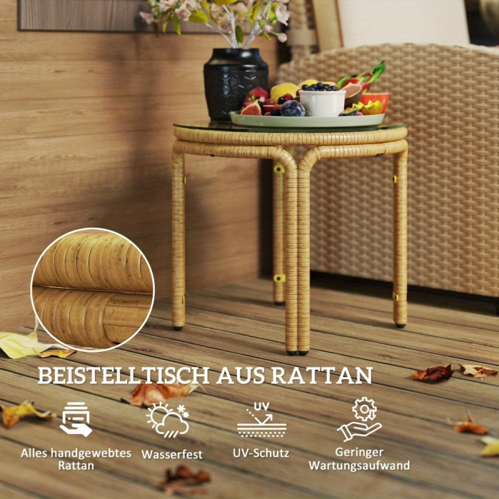 Bijzettafel – Sidetable – Nachtkastje – Salontafel – Banktafel – Rond Polyrattan – Geel – Glasblad – Ø50 cm – Weerbestendig – Eenvoudige Montage