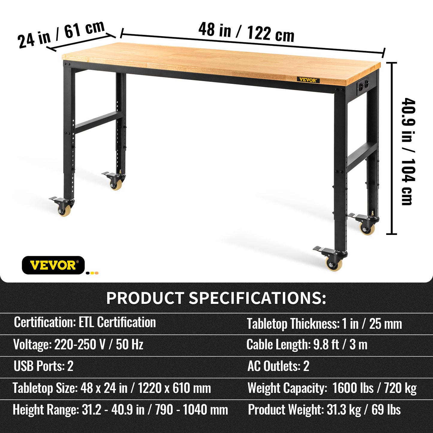 Werkbank – Werktafel – Klusbank – Verstelbare Werkplek – 122x61 cm – Massief Hardhout Werkblad – Ingebouwd Stopcontact & PU Zwenkwielen