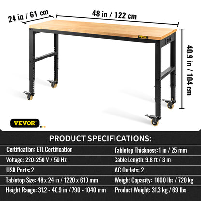 Werkbank – Werktafel – Klusbank – Verstelbare Werkplek – 122x61 cm – Massief Hardhout Werkblad – Ingebouwd Stopcontact & PU Zwenkwielen