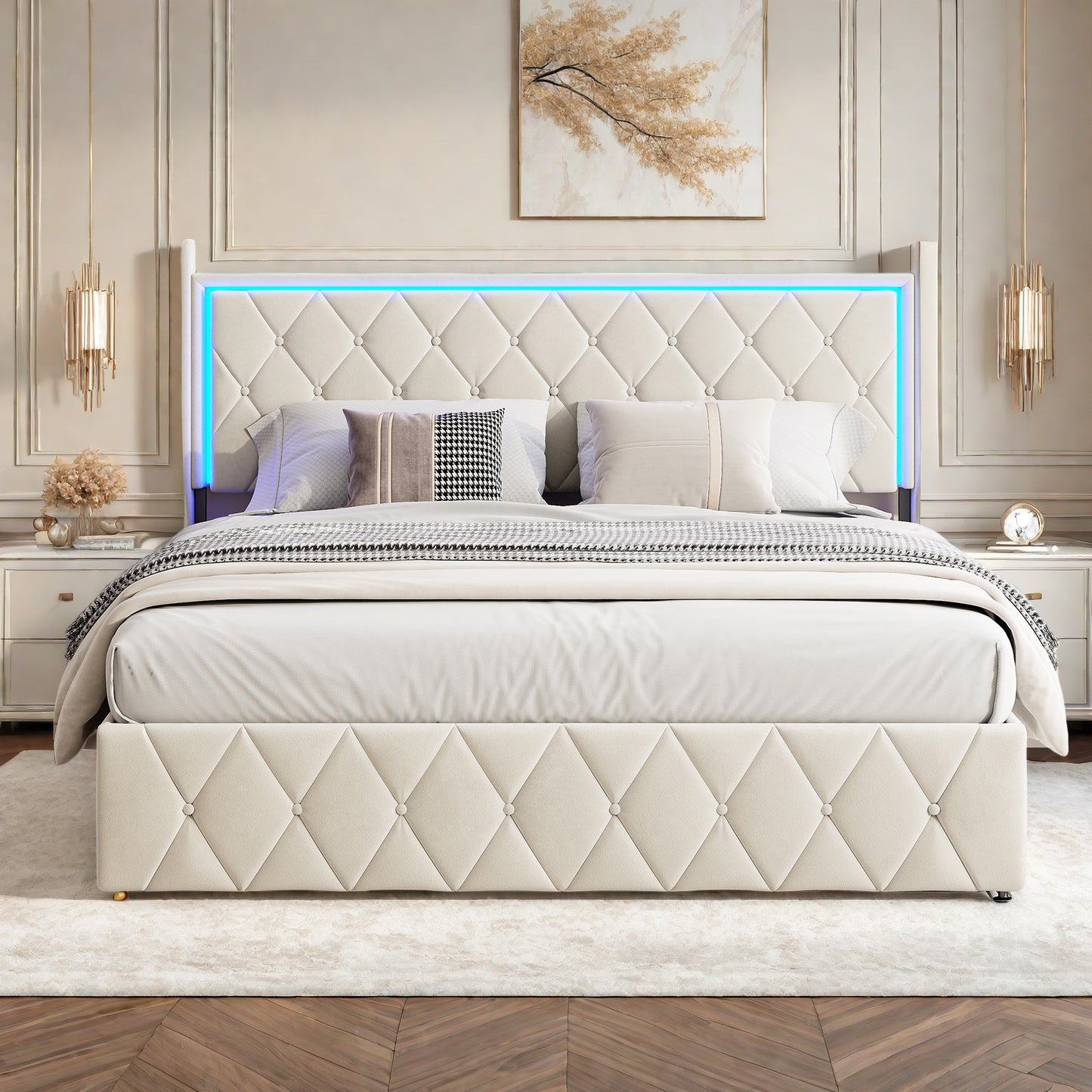 Tweepersoonsbed – Bed Met Opbergruimte – Led Bed – Fluwelen Bed – Oplaadbaar Bed – 140x200 cm – Verstelbare RGB LED Verlichting – Ingebouwde USB- en Type-C Poorten