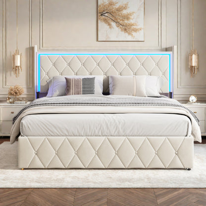 Tweepersoonsbed – Bed Met Opbergruimte – Led Bed – Fluwelen Bed – Oplaadbaar Bed – 140x200 cm – Verstelbare RGB LED Verlichting – Ingebouwde USB- en Type-C Poorten