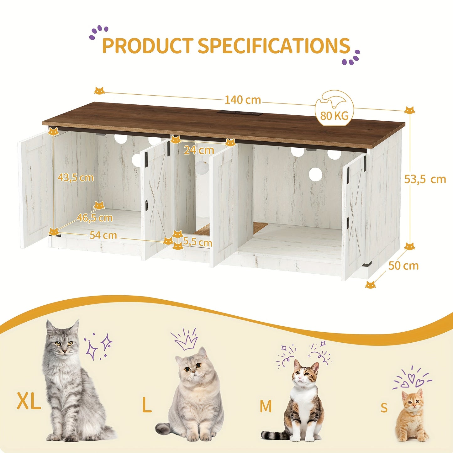 Cat Cabinet, Cat Litter Box Cabinet, 140cm Hidden Cat Litter Box, Can Hold 2 Cats, Indoor Cat House with Cat Bell, Brown and White