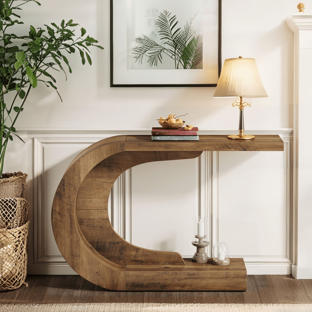 Halfronde Haltafel – Sidetable – Wandtafel – Boekenkast – Console Tafel – 110 cm – Bruin Gelamineerd Hout – Ruimtebesparend Ontwerp