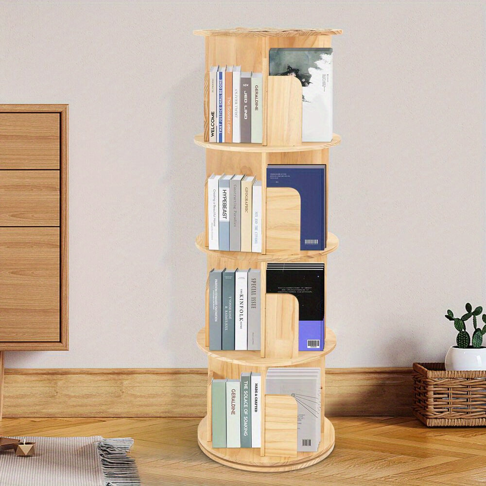 Draaibare Boekenkast – Boekenrek – Boekhouder – Boekplank – Boekmeubel – Massief Dennenhout – 360° Draaibaar – 4-laags – Ruimtebesparend – 25 kg Draagvermogen Per Laag – Natuurlijk Houtnerf