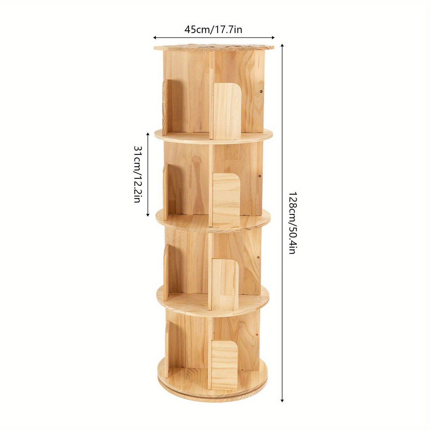 Draaibare Boekenkast – Boekenrek – Boekhouder – Boekplank – Boekmeubel – Massief Dennenhout – 360° Draaibaar – 4-laags – Ruimtebesparend – 25 kg Draagvermogen Per Laag – Natuurlijk Houtnerf