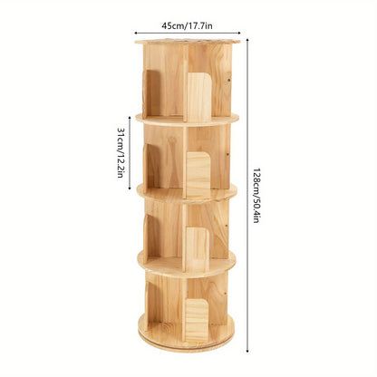 Draaibare Boekenkast – Boekenrek – Boekhouder – Boekplank – Boekmeubel – Massief Dennenhout – 360° Draaibaar – 4-laags – Ruimtebesparend – 25 kg Draagvermogen Per Laag – Natuurlijk Houtnerf