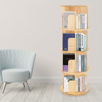 Draaibare Boekenkast – Boekenrek – Boekhouder – Boekplank – Boekmeubel – Massief Dennenhout – 360° Draaibaar – 4-laags – Ruimtebesparend – 25 kg Draagvermogen Per Laag – Natuurlijk Houtnerf
