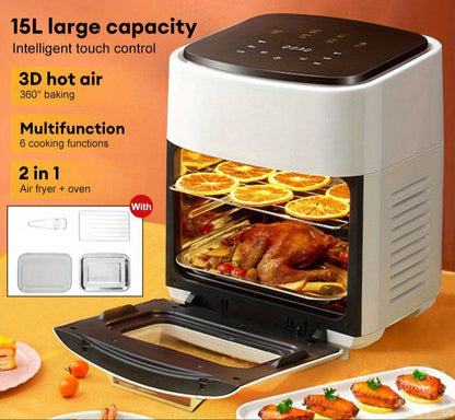 Airfryer – Heteluchtfriteuse – Luchtoven – Airfrituurpan – Elektrische Oven – 15 Liter Groot – 6 Kookstanden – Roestvrij Staal – Wit
