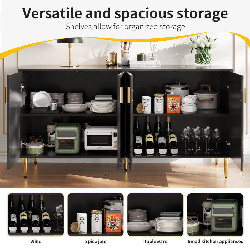 Dressoir – Sideboard – Buffetkast – Opbergkast – Ladekast – Zwart – Uniek Golvend Design – Gouden Handgrepen & Poten – 152x40x75 cm