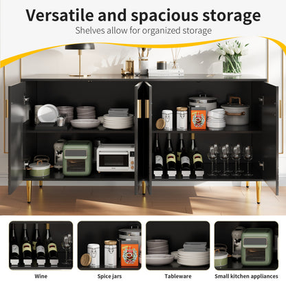 Dressoir – Sideboard – Buffetkast – Opbergkast – Ladekast – Zwart – Uniek Golvend Design – Gouden Handgrepen & Poten – 152x40x75 cm