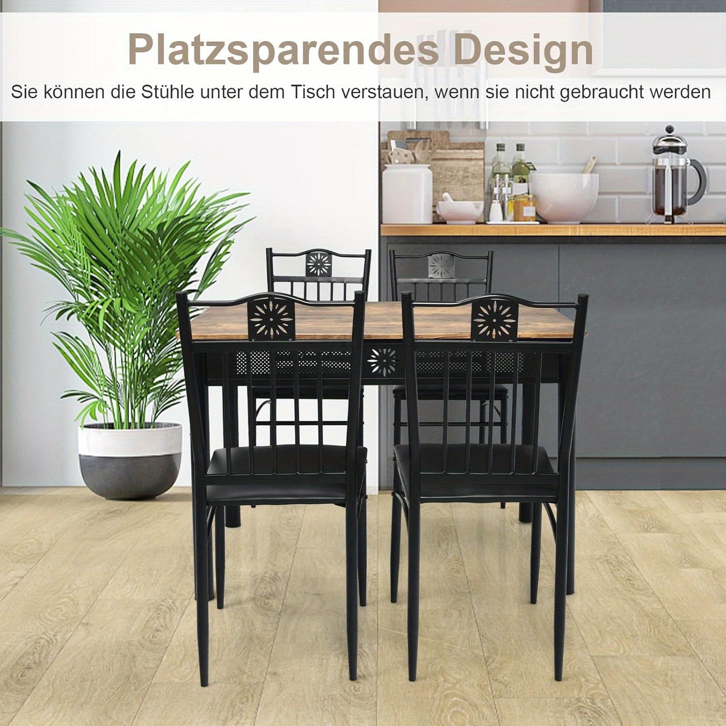 Eettafelset – Eettafel met Stoelen – Tafel En Stoelset – 4 Persoons Eettafel – Zwarte Eetkamer Set – Compact 107 cm Tafel – Comfortabele Foam Stoelen