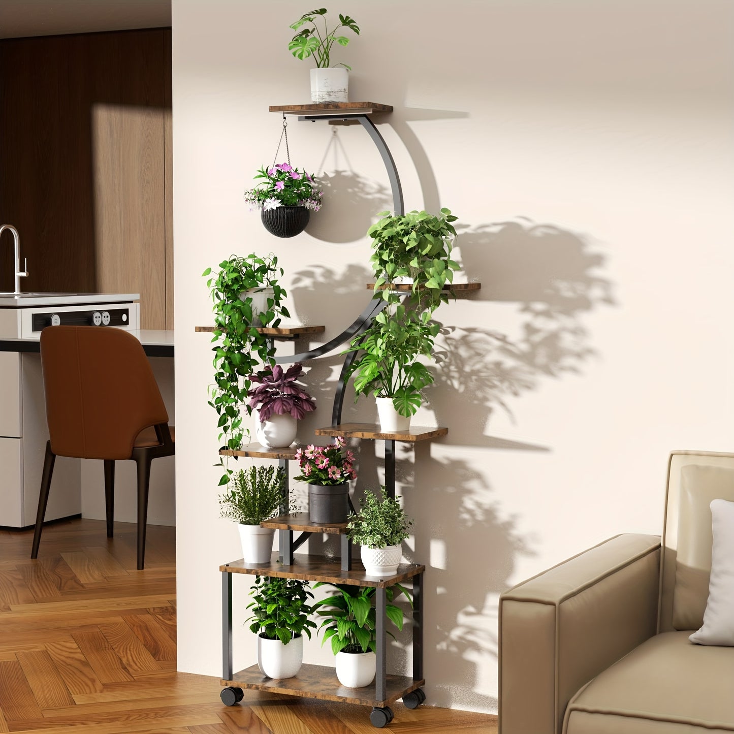 Ladderrek – Boekenkast – Wandrek – Opbergrek – Handdoekrek – 8-laags – Zwart Metaal Met Houten Planken – S-vormig Design 158 cm Hoog