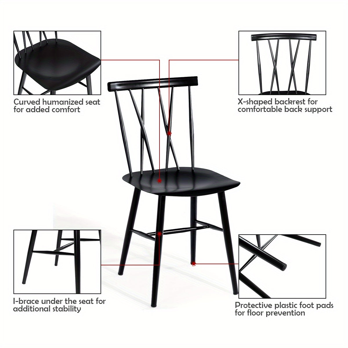 Eetkamerstoelen – Stoelen – Zitplaatsen – Keukenstoelen – Metal Stoelen – Set van 2 – Zwaar Stalen Frame – Ergonomische Rugleuning – Zwart
