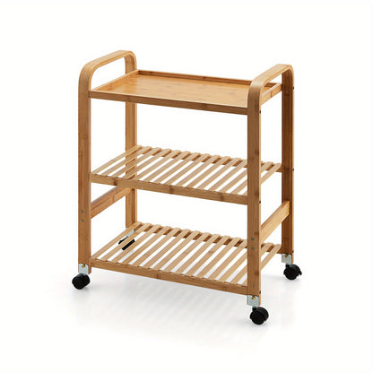 Servierwagen – Keukentrolley – Bergwagen – Rollwagen – Serveerwagen – Bambus Hout – 3 Lagen Met Handgrepen – Afneembare Wielen 58x33x76 cm