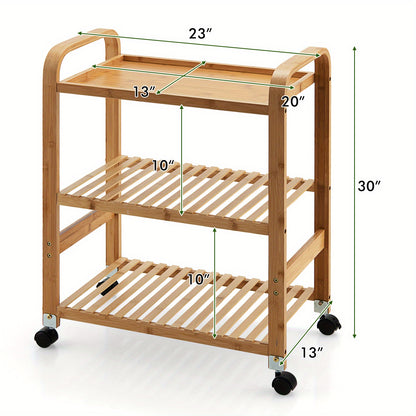 Servierwagen – Keukentrolley – Bergwagen – Rollwagen – Serveerwagen – Bambus Hout – 3 Lagen Met Handgrepen – Afneembare Wielen 58x33x76 cm