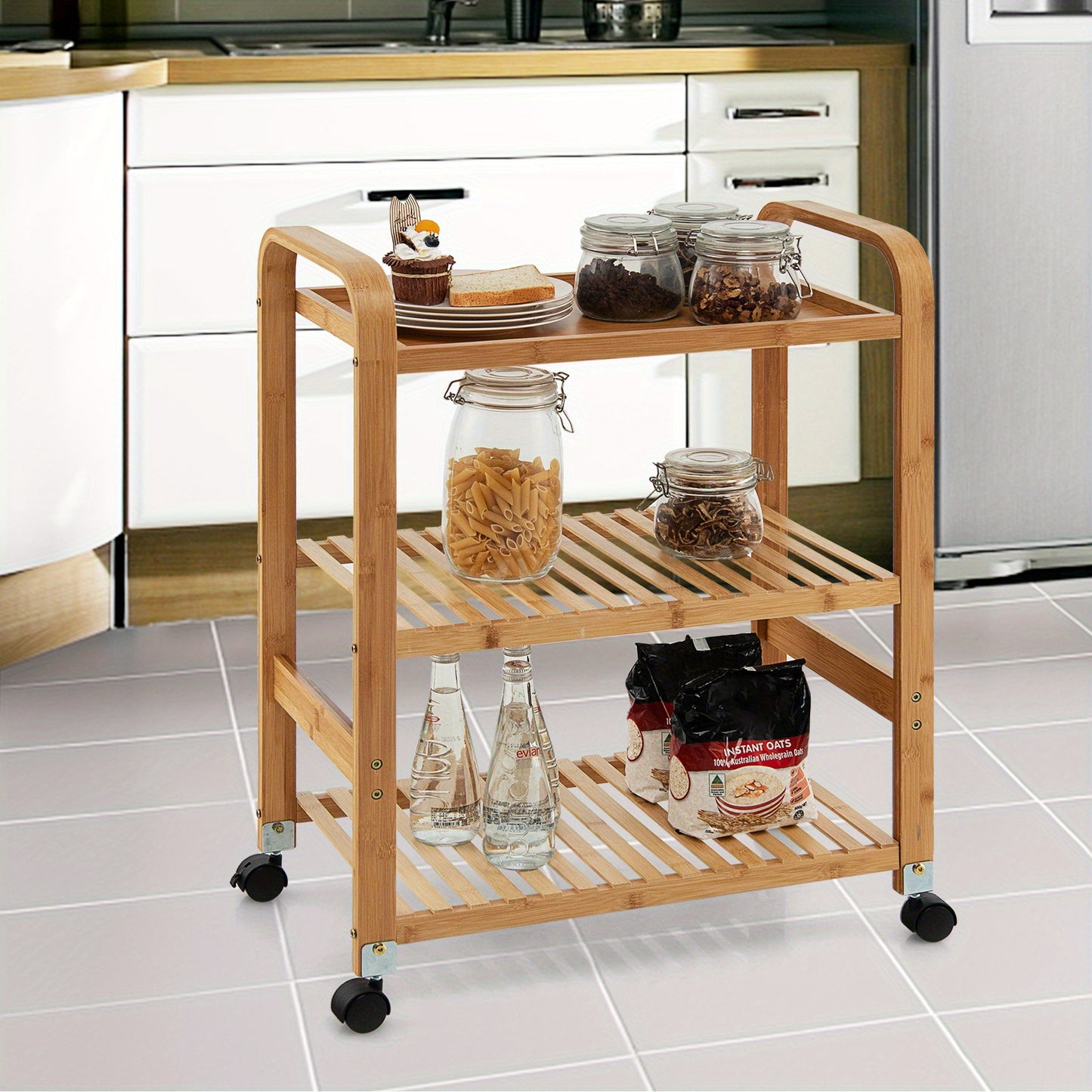 Servierwagen – Keukentrolley – Bergwagen – Rollwagen – Serveerwagen – Bambus Hout – 3 Lagen Met Handgrepen – Afneembare Wielen 58x33x76 cm