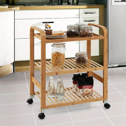 Servierwagen – Keukentrolley – Bergwagen – Rollwagen – Serveerwagen – Bambus Hout – 3 Lagen Met Handgrepen – Afneembare Wielen 58x33x76 cm