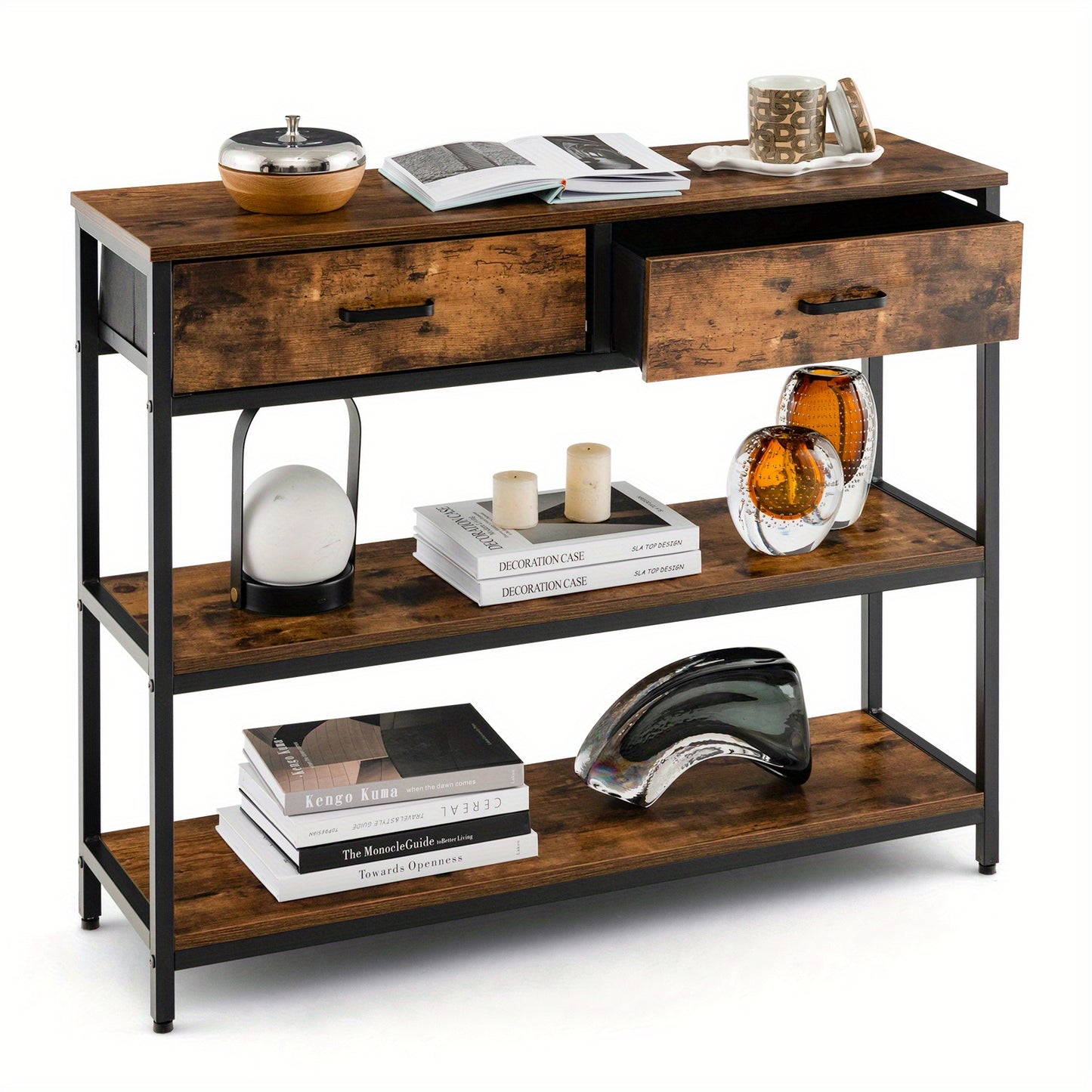Sidetable – Wandtafel – Haltafel – Console Tafel – Bijzettafel – Met 2 Inklapbare Stoffen Lades – Metalen Frame & Houten Blad – 101,5x30,5x81 cm