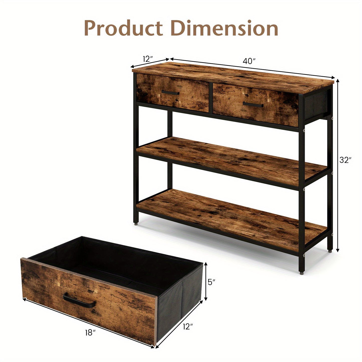 Sidetable – Wandtafel – Haltafel – Console Tafel – Bijzettafel – Met 2 Inklapbare Stoffen Lades – Metalen Frame & Houten Blad – 101,5x30,5x81 cm