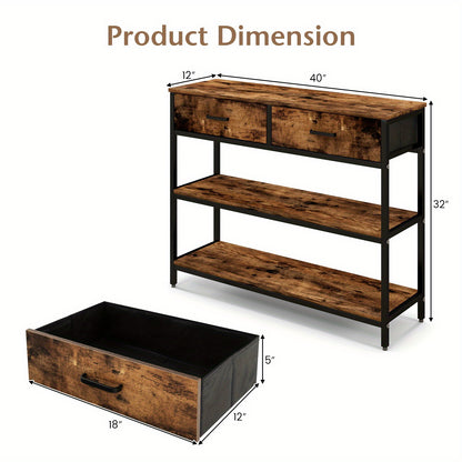 Sidetable – Wandtafel – Haltafel – Console Tafel – Bijzettafel – Met 2 Inklapbare Stoffen Lades – Metalen Frame & Houten Blad – 101,5x30,5x81 cm