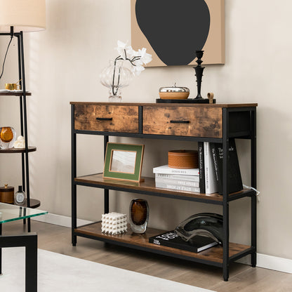 Sidetable – Wandtafel – Haltafel – Console Tafel – Bijzettafel – Met 2 Inklapbare Stoffen Lades – Metalen Frame & Houten Blad – 101,5x30,5x81 cm