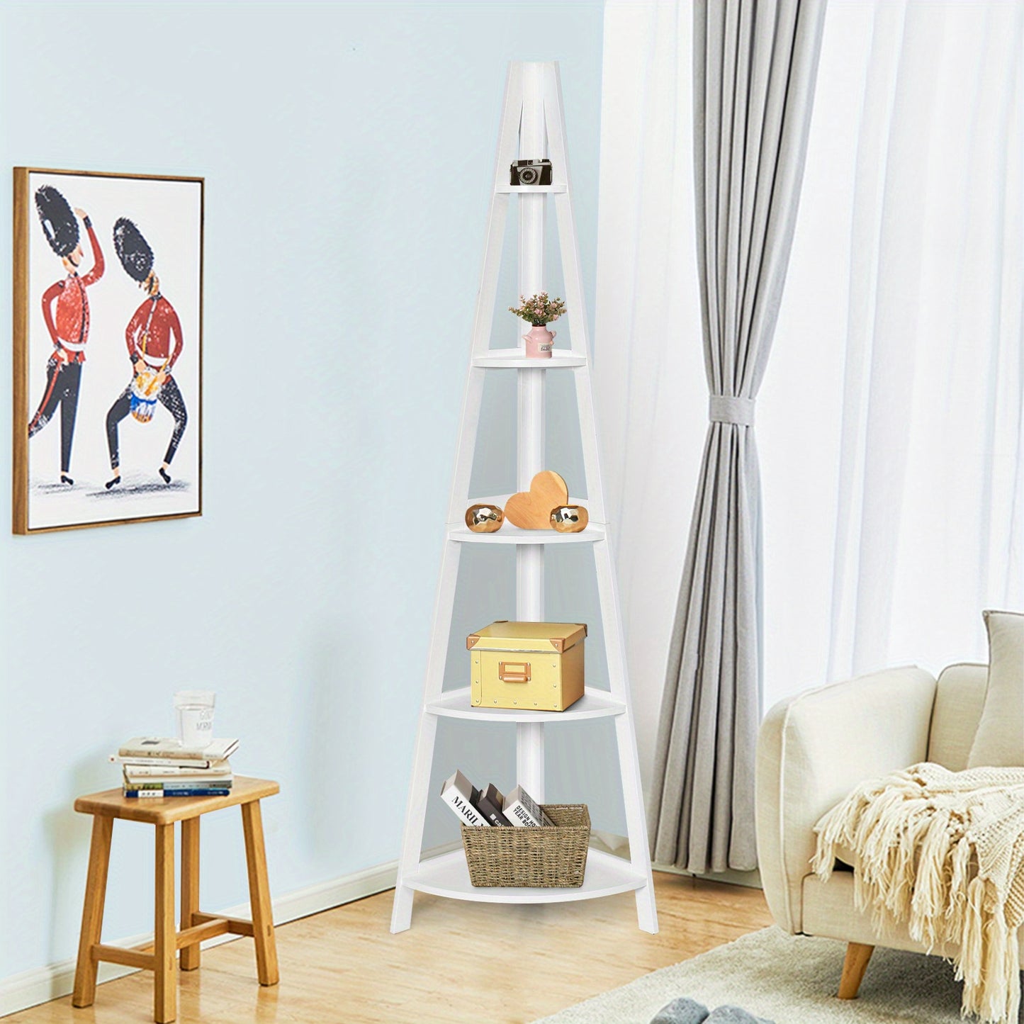 Boekenkast – Vakkenkast – Ladderkast – Opbergkast – Wandkast – 5 Laags – MDF Hout – A-Vormig – Wit – 39x39x175 cm