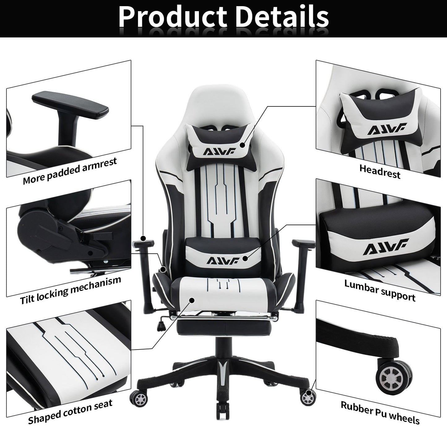 Gamingstoel – Gamestoel – Gaming Chair – Bureaustoel – Game Stoel – Ergonomisch Ontwerp – Verstelbare Lendensteun & Voetensteun – Draaibaar – Wit/Zwart