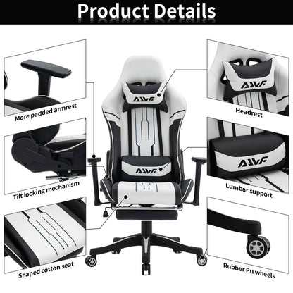 Gamingstoel – Gamestoel – Gaming Chair – Bureaustoel – Game Stoel – Ergonomisch Ontwerp – Verstelbare Lendensteun & Voetensteun – Draaibaar – Wit/Zwart