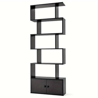 Boekenkast – Boekenrek – Opbergkast – Vakkenkast – Wandkast – S-vormig Design – 6 Planken Met Kastje – MDF Hout Zwart – Hoogte 183 cm
