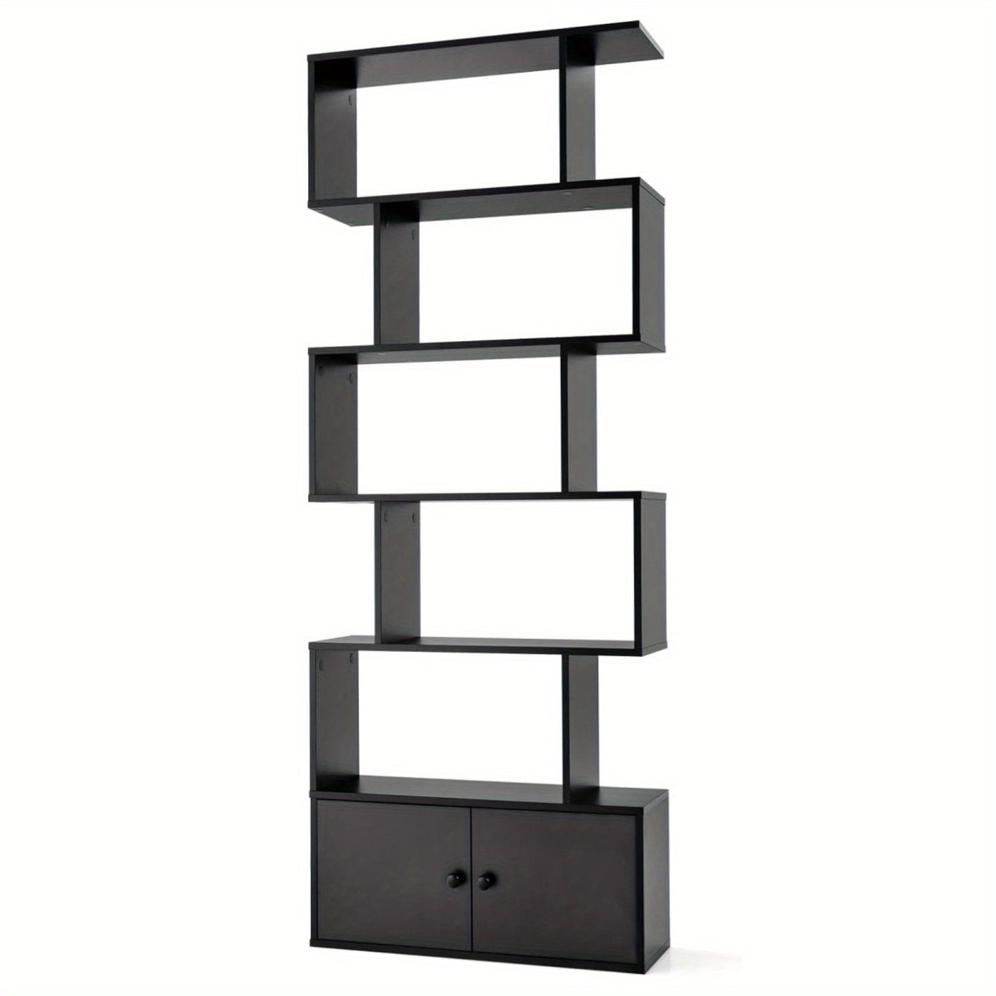 Boekenkast – Boekenrek – Opbergkast – Vakkenkast – Wandkast – S-vormig Design – 6 Planken Met Kastje – MDF Hout Zwart – Hoogte 183 cm