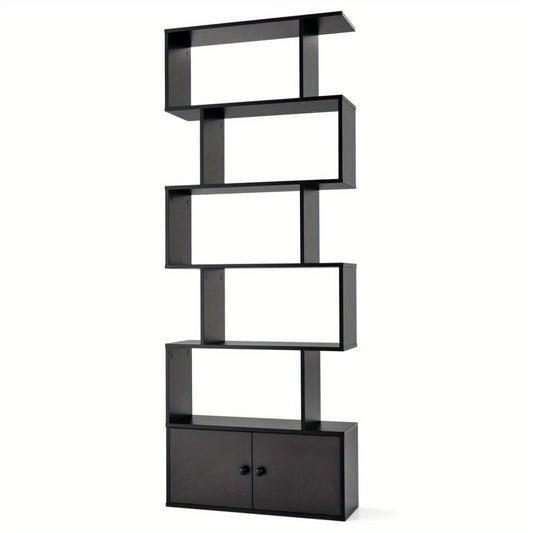 Boekenkast – Boekenrek – Opbergkast – Vakkenkast – Wandkast – S-vormig Design – 6 Planken Met Kastje – MDF Hout Zwart – Hoogte 183 cm