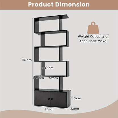 Boekenkast – Boekenrek – Opbergkast – Vakkenkast – Wandkast – S-vormig Design – 6 Planken Met Kastje – MDF Hout Zwart – Hoogte 183 cm