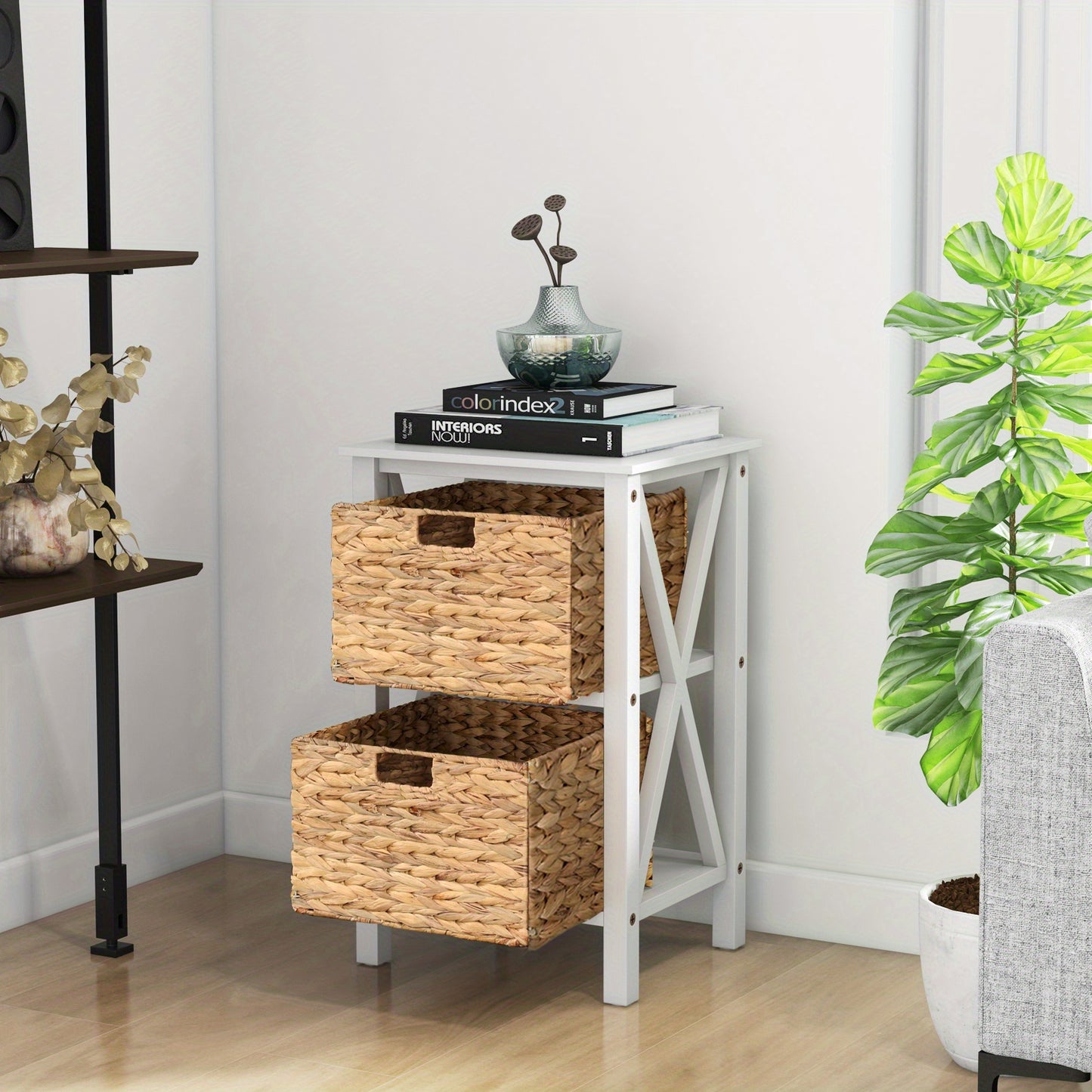 Nachtkastje – Bijzettafel – Ladekast – Opbergkast – Nachtkast – Slank X-Design – 3 Zeegras Mandjes – Acaciahouten Poten – 80 cm Hoog