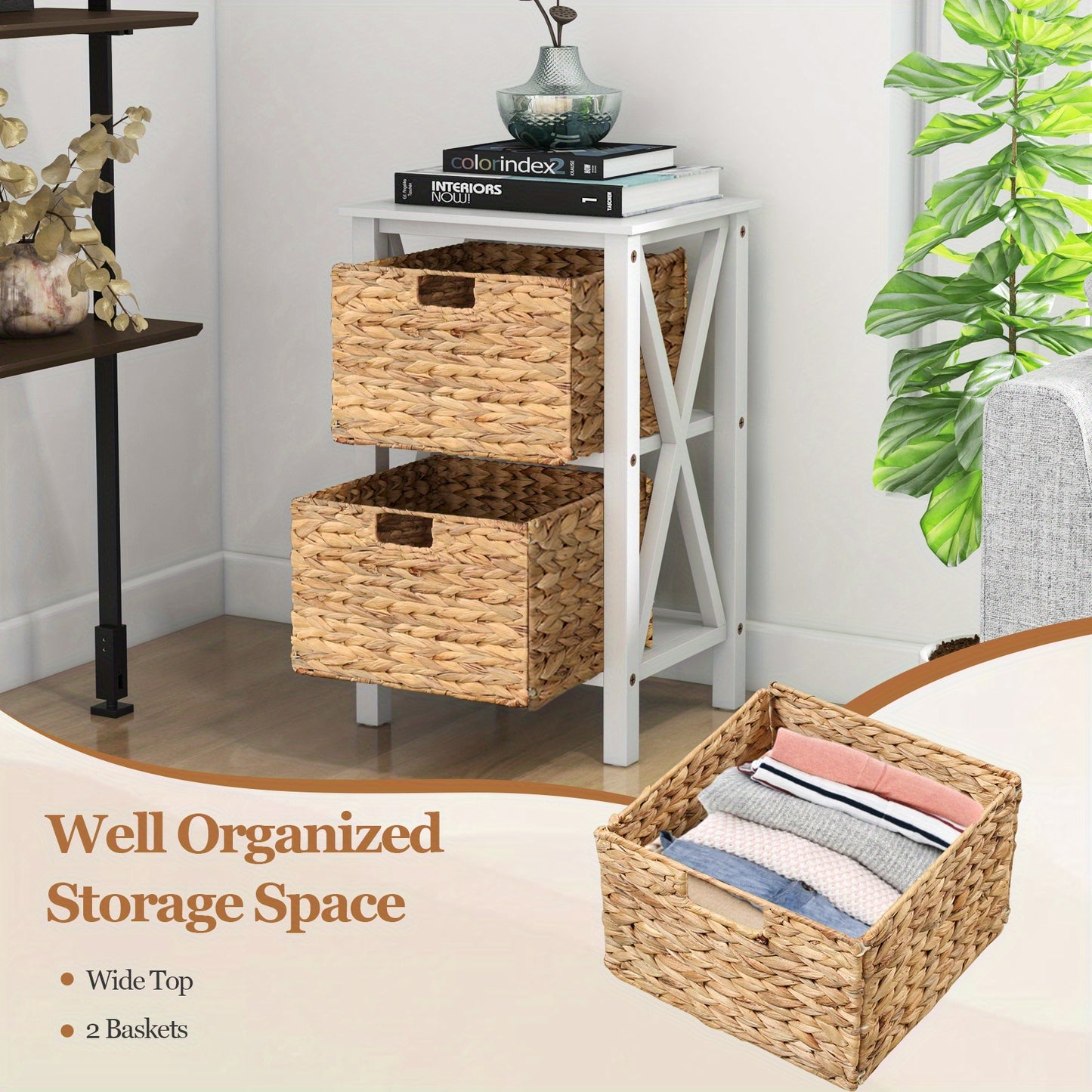 Nachtkastje – Bijzettafel – Ladekast – Opbergkast – Nachtkast – Slank X-Design – 3 Zeegras Mandjes – Acaciahouten Poten – 80 cm Hoog