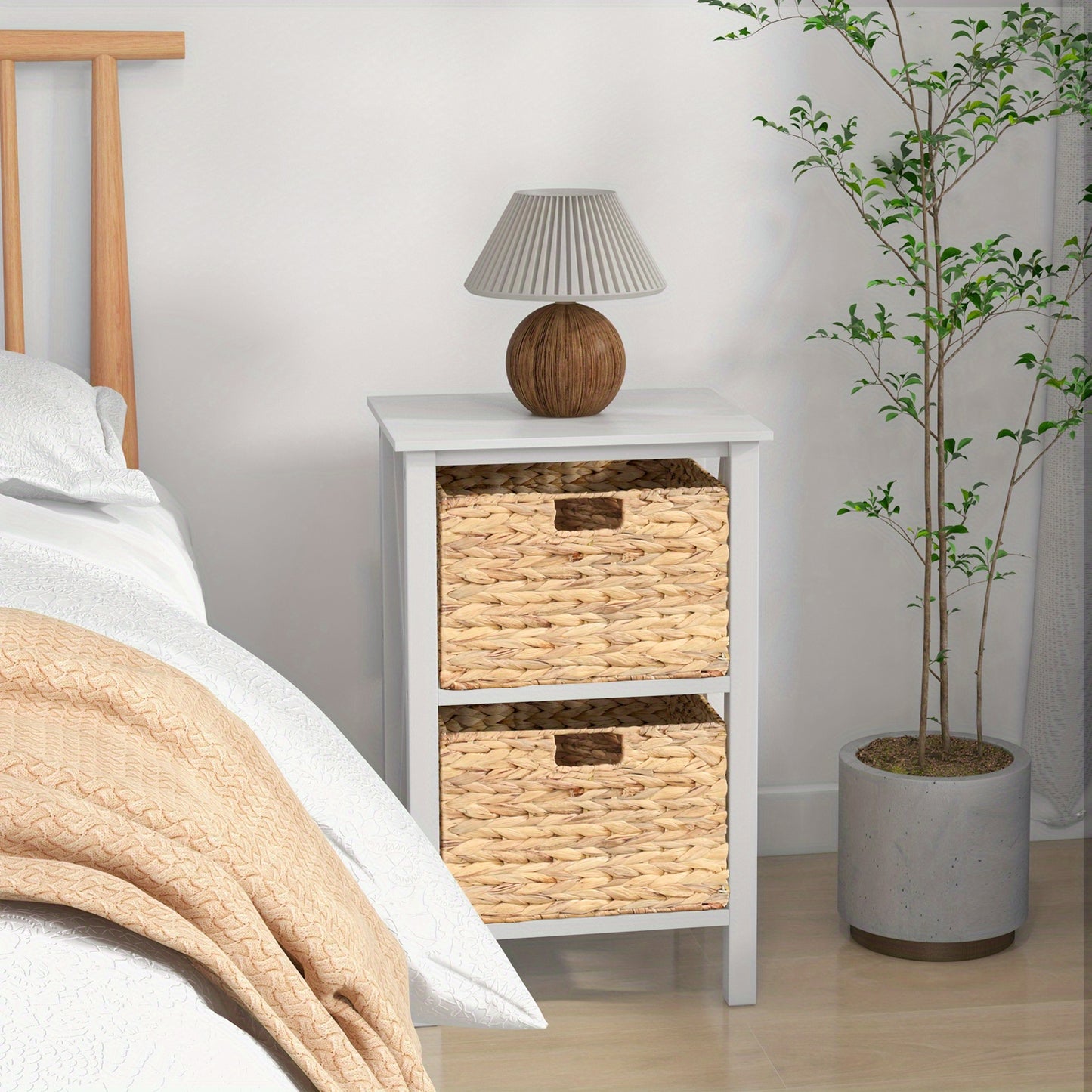 Nachtkastje – Bijzettafel – Opbergkastje – Ladekast – Dressoir – 3-laags Met 2 Seagrass Mandjes – Acaciahouten Poten – Slank X-Design
