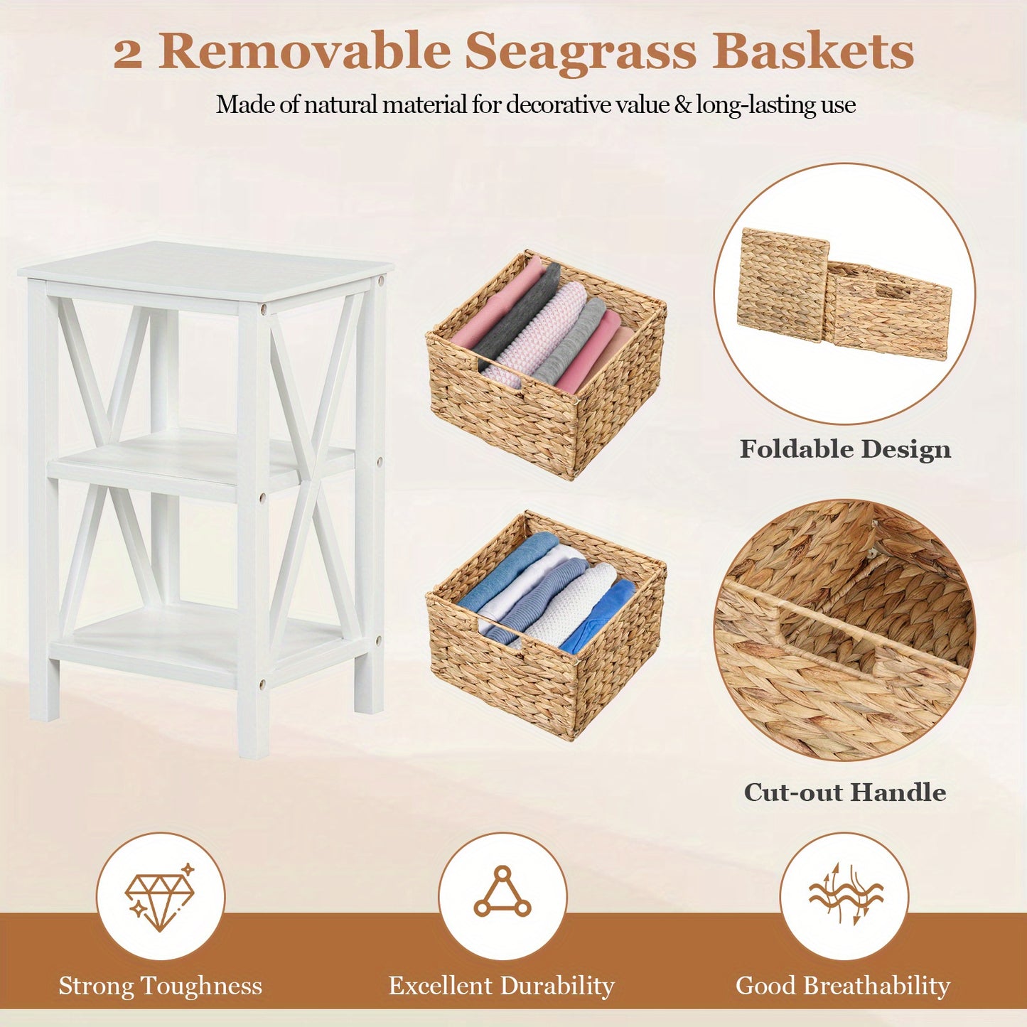 Nachtkastje – Bijzettafel – Opbergkastje – Ladekast – Dressoir – 3-laags Met 2 Seagrass Mandjes – Acaciahouten Poten – Slank X-Design
