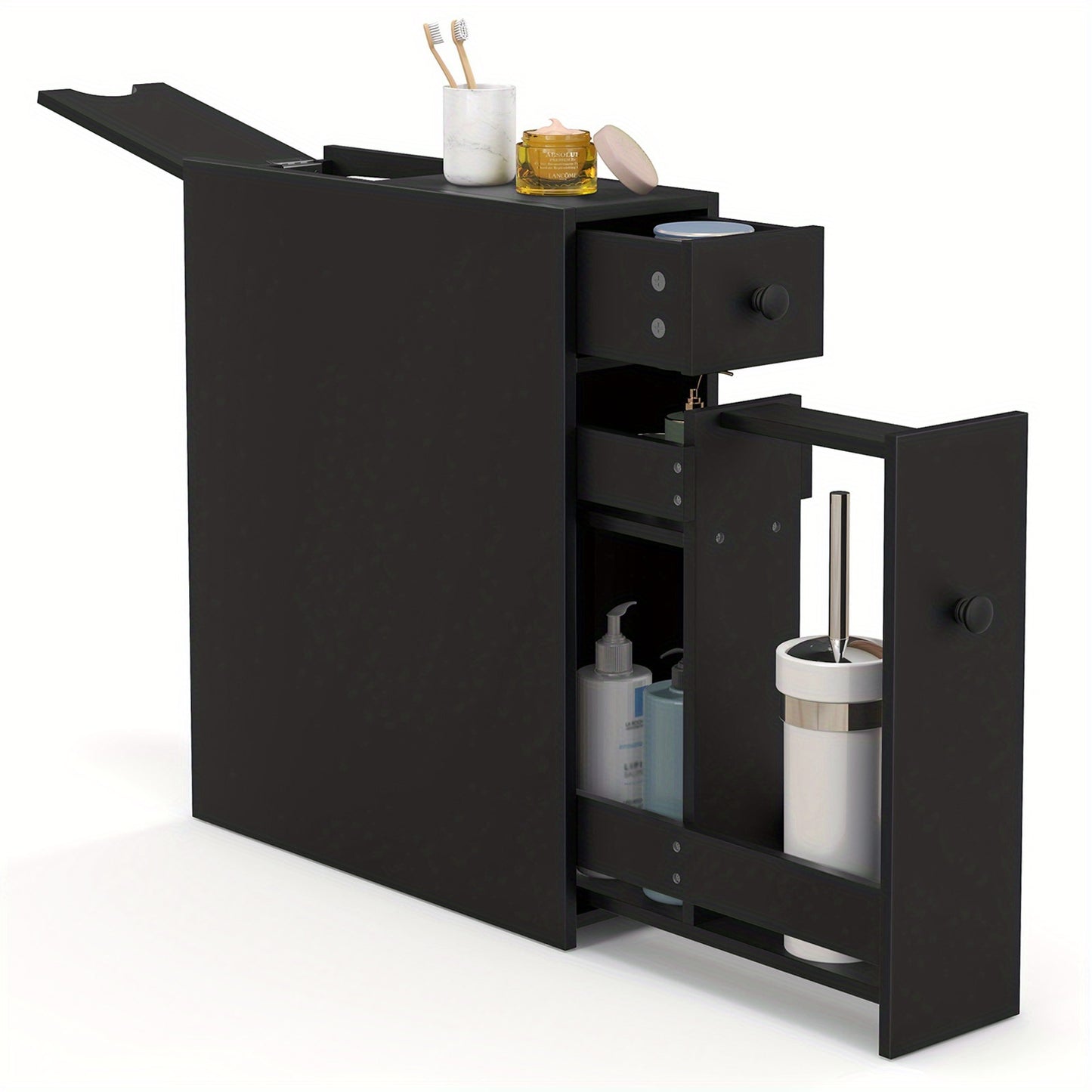 Smalle Badkamerkast – Smalle Toiletkast – Smalle Opbergkast – Smalle Kast – Smalle Badkamermeubel – Zwart – Flip Top Klep – Ruimtebesparend Design