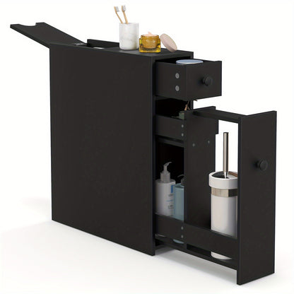 Smalle Badkamerkast – Smalle Toiletkast – Smalle Opbergkast – Smalle Kast – Smalle Badkamermeubel – Zwart – Flip Top Klep – Ruimtebesparend Design