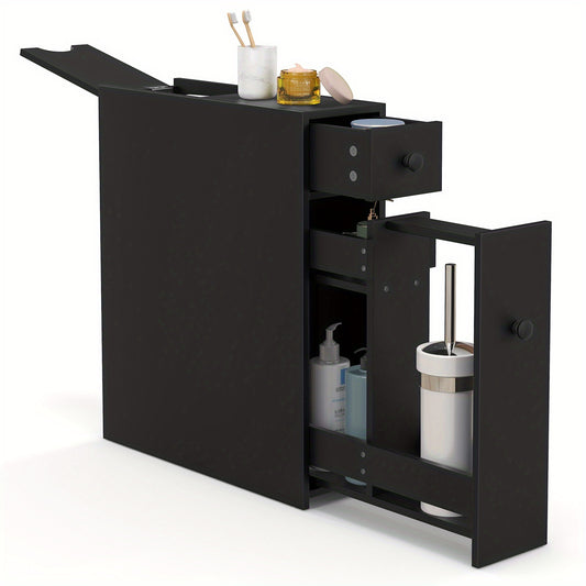 Smalle Badkamerkast – Smalle Toiletkast – Smalle Opbergkast – Smalle Kast – Smalle Badkamermeubel – Zwart – Flip Top Klep – Ruimtebesparend Design