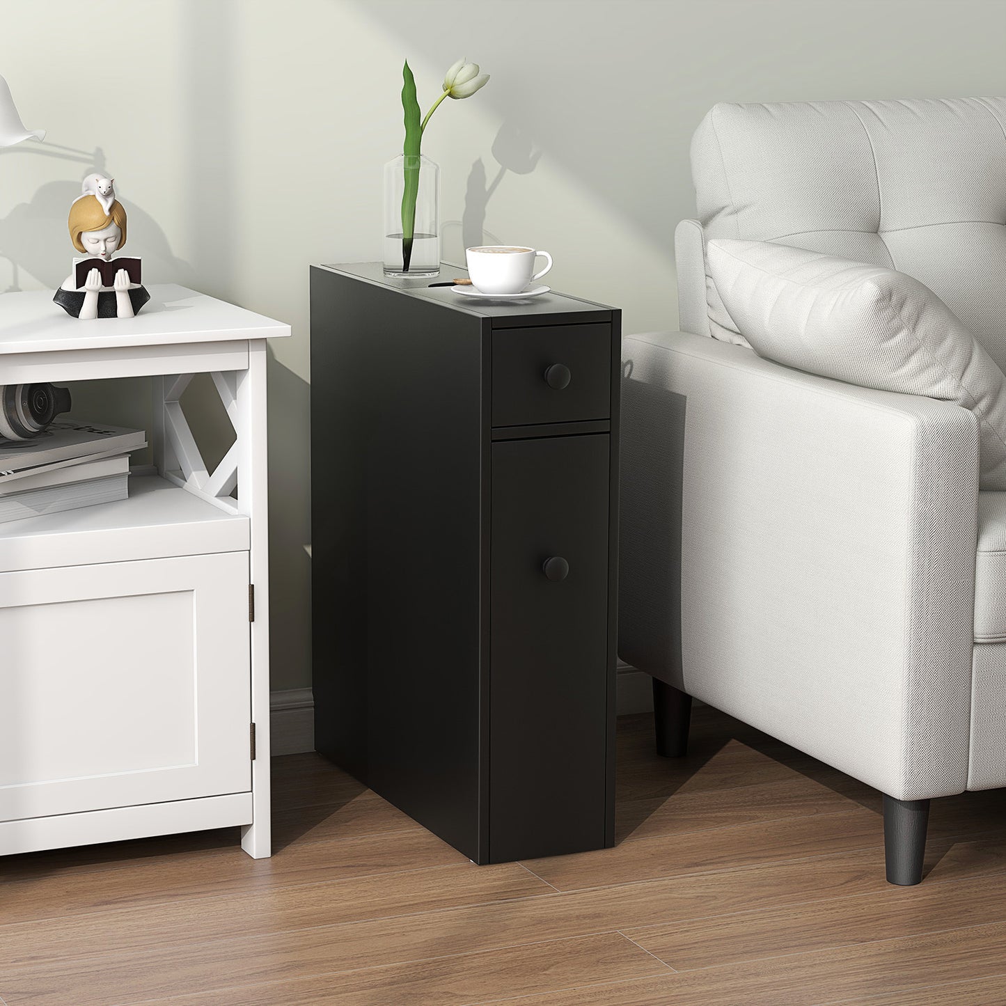 Smalle Badkamerkast – Smalle Toiletkast – Smalle Opbergkast – Smalle Kast – Smalle Badkamermeubel – Zwart – Flip Top Klep – Ruimtebesparend Design
