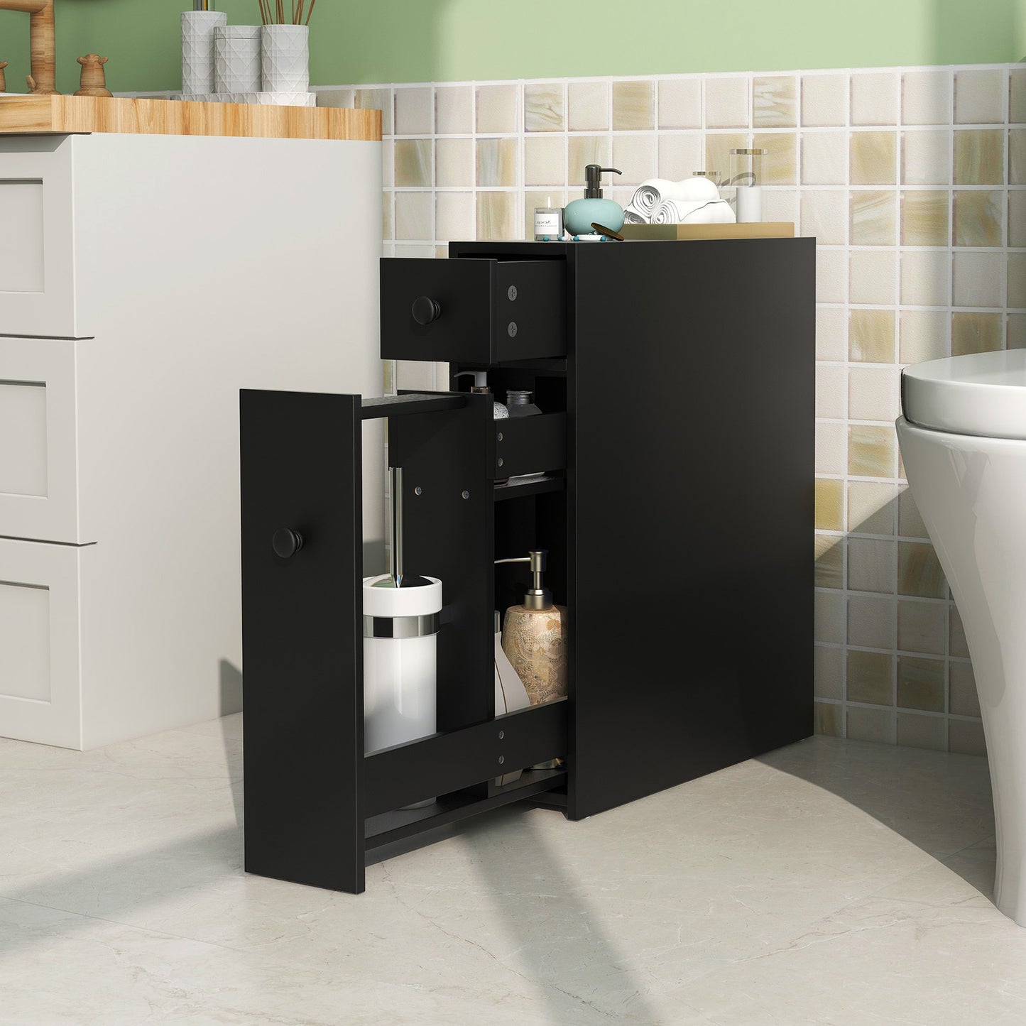 Smalle Badkamerkast – Smalle Toiletkast – Smalle Opbergkast – Smalle Kast – Smalle Badkamermeubel – Zwart – Flip Top Klep – Ruimtebesparend Design