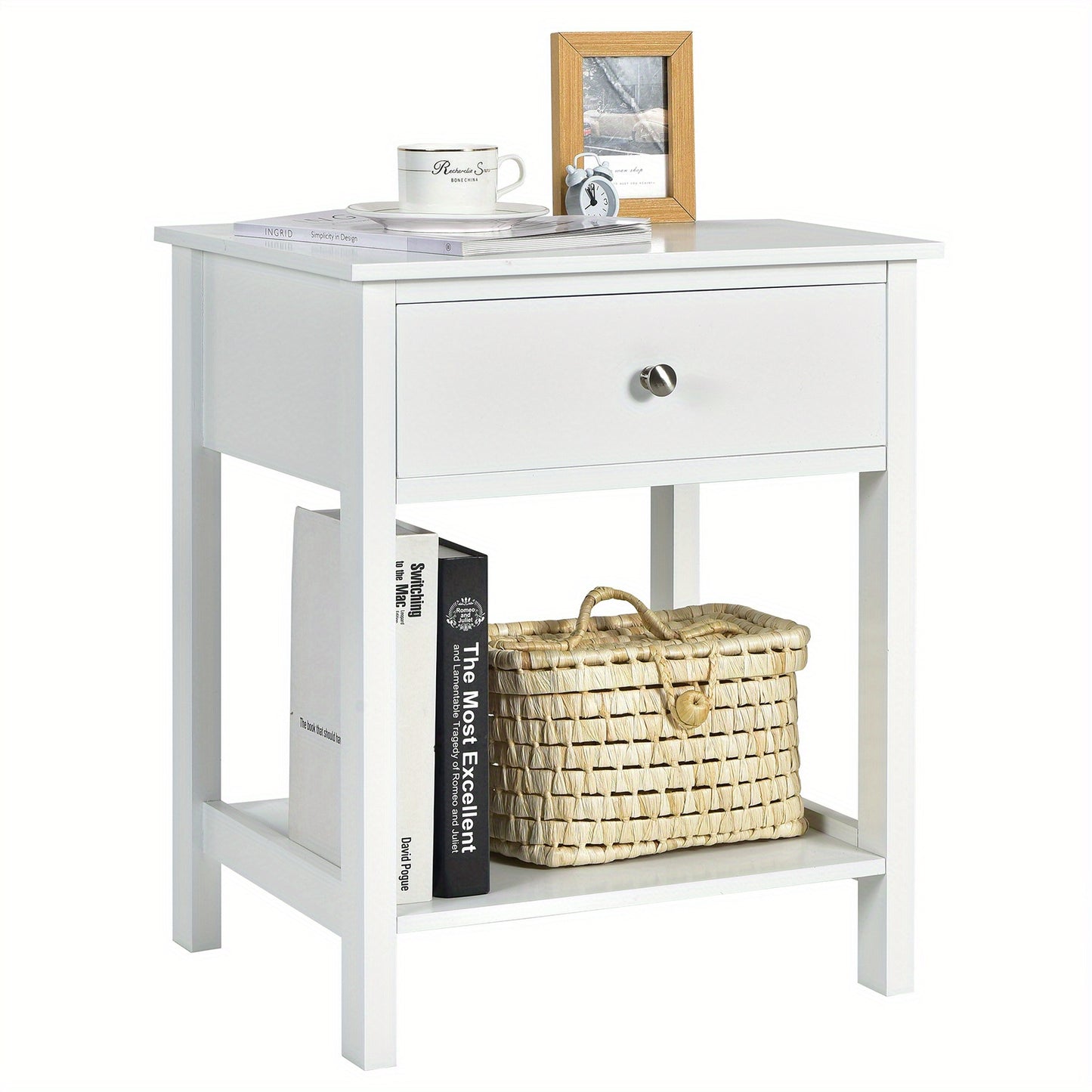 Nachtkastje – Bedside Table – Bijzettafel – Opbergkastje – Ladekastje – Wit MDF & Geperst Hout – Compact Design met Ruime Opbergruimte